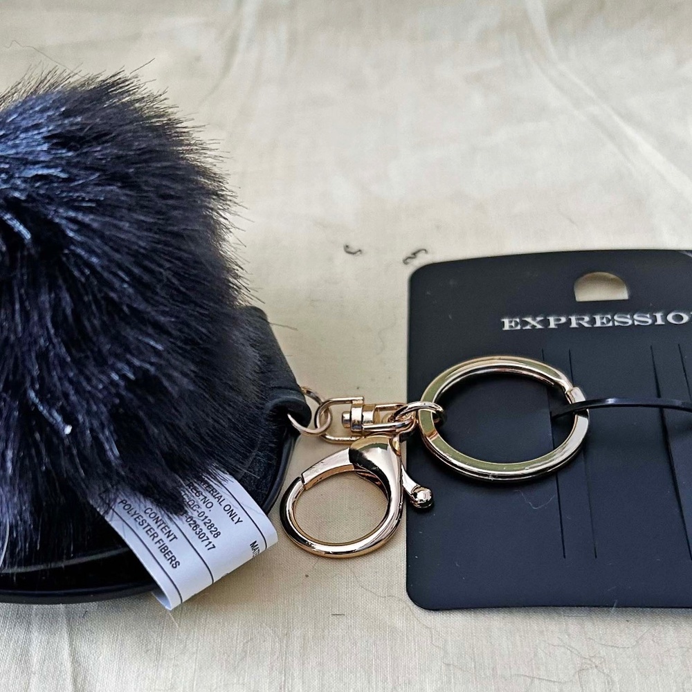 POM POM FOR PURSE OR ELSEWHERE, RABBIT FUR, BLACK WITH MIRROR ATTACHED,